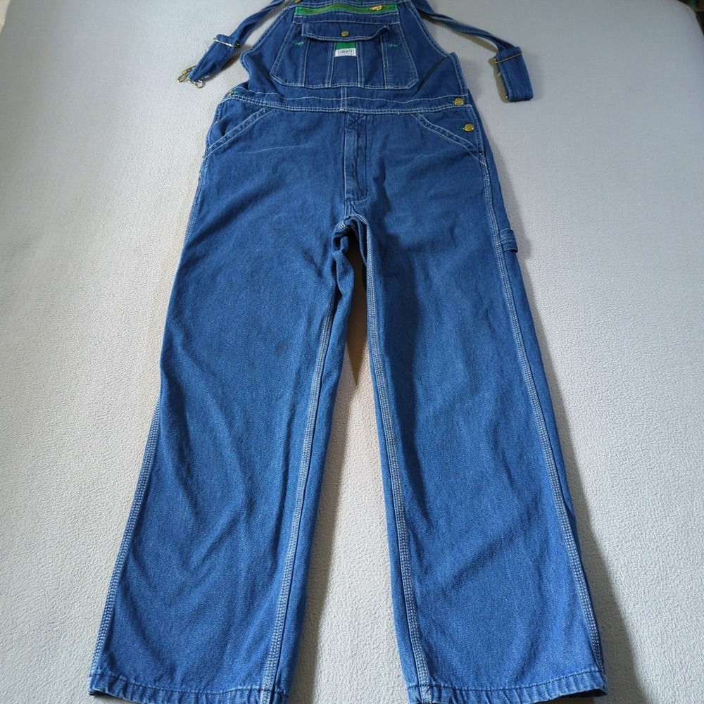 Liberty Denim Bib Overalls Mens 34x30 Blue Green Zip Pocket Workwear Utility - Picture 2 of 9
